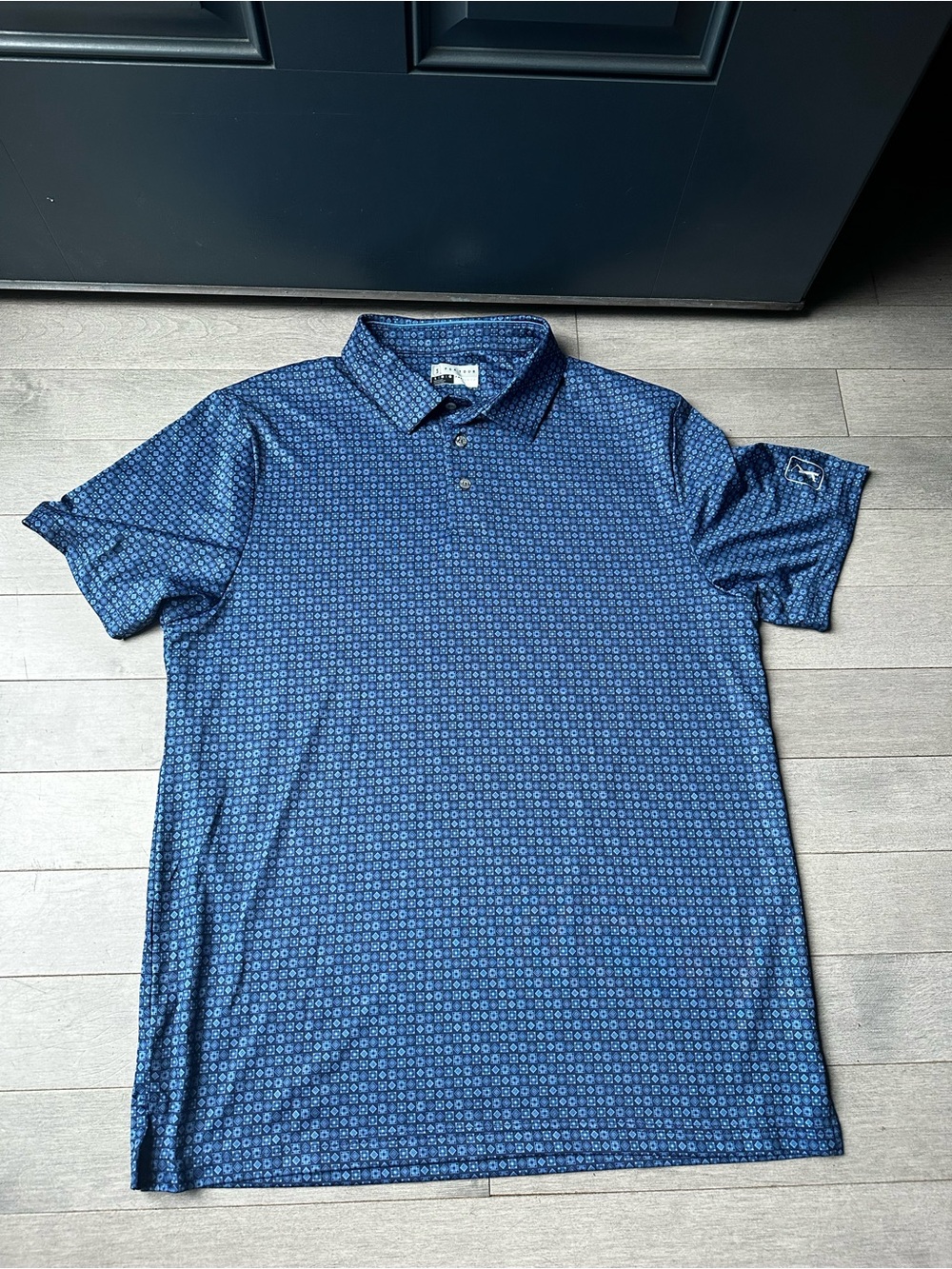 Men’s PGA Tour Blue Geometric Stretch Short Sleeve Polo Golf Shirt Size Large